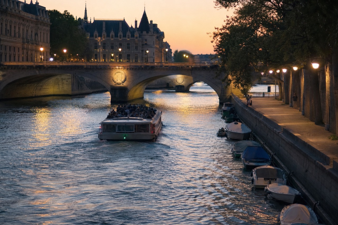 A sightseeing boat gliding along the Seine past Parisian bridges at dusk, no text, no logos, no people