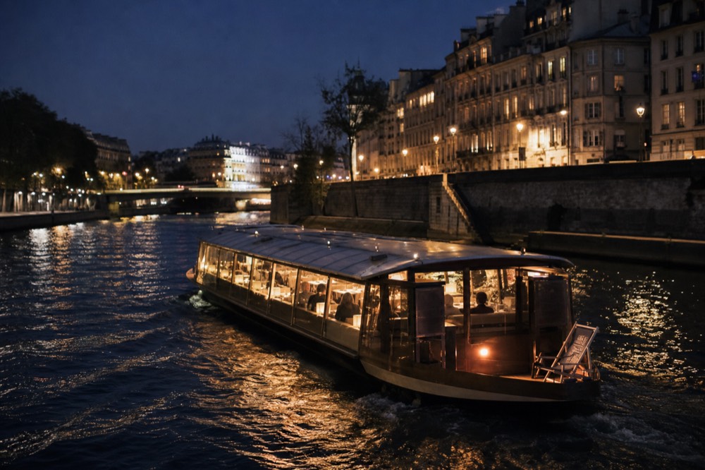 An evening dinner boat gliding on the Seine with illuminated Parisian architecture behind, no text, no logos, no people