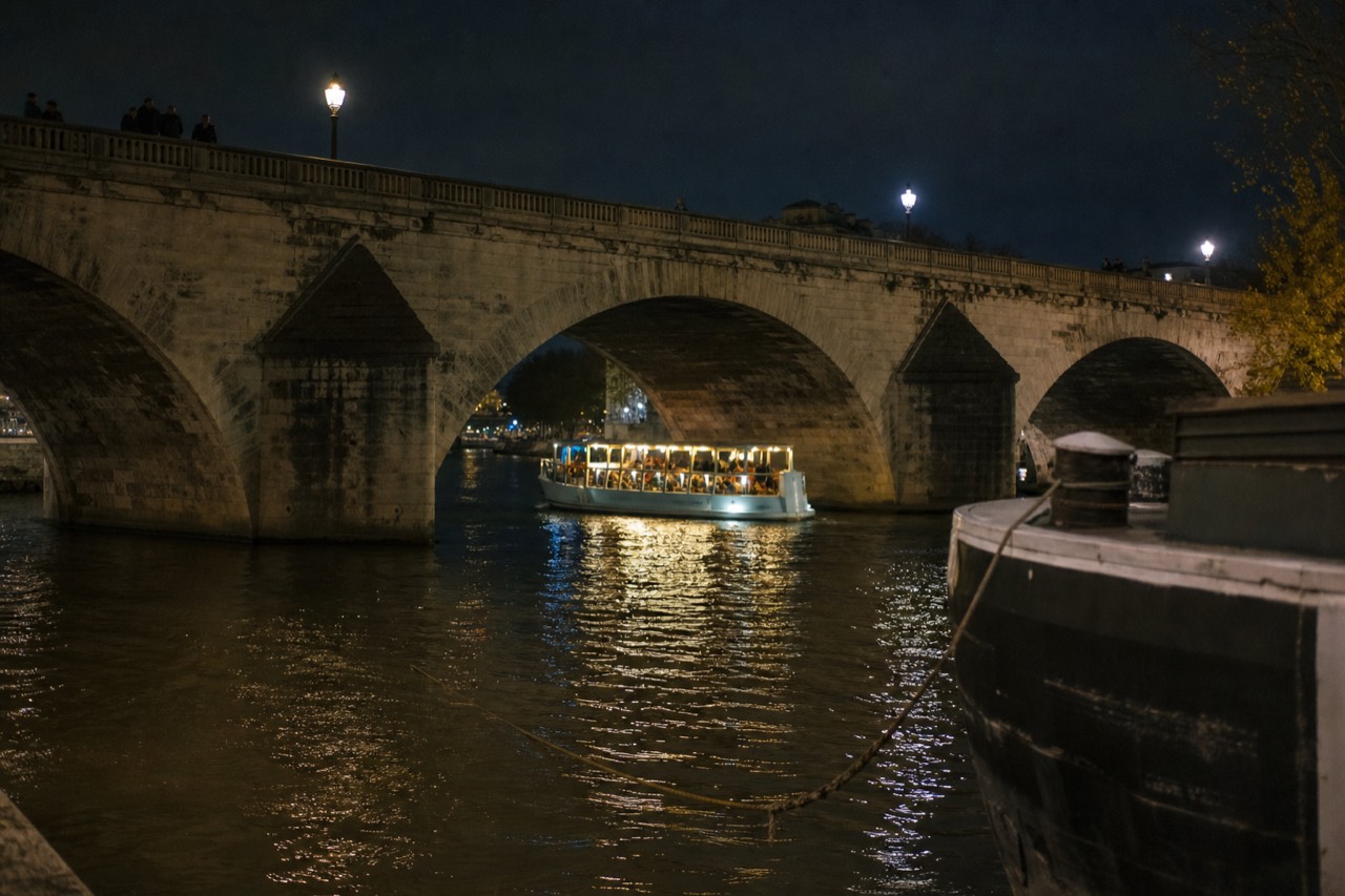 A Seine cruise boat passing illuminated Parisian bridges after dark, no text, no logos, no people