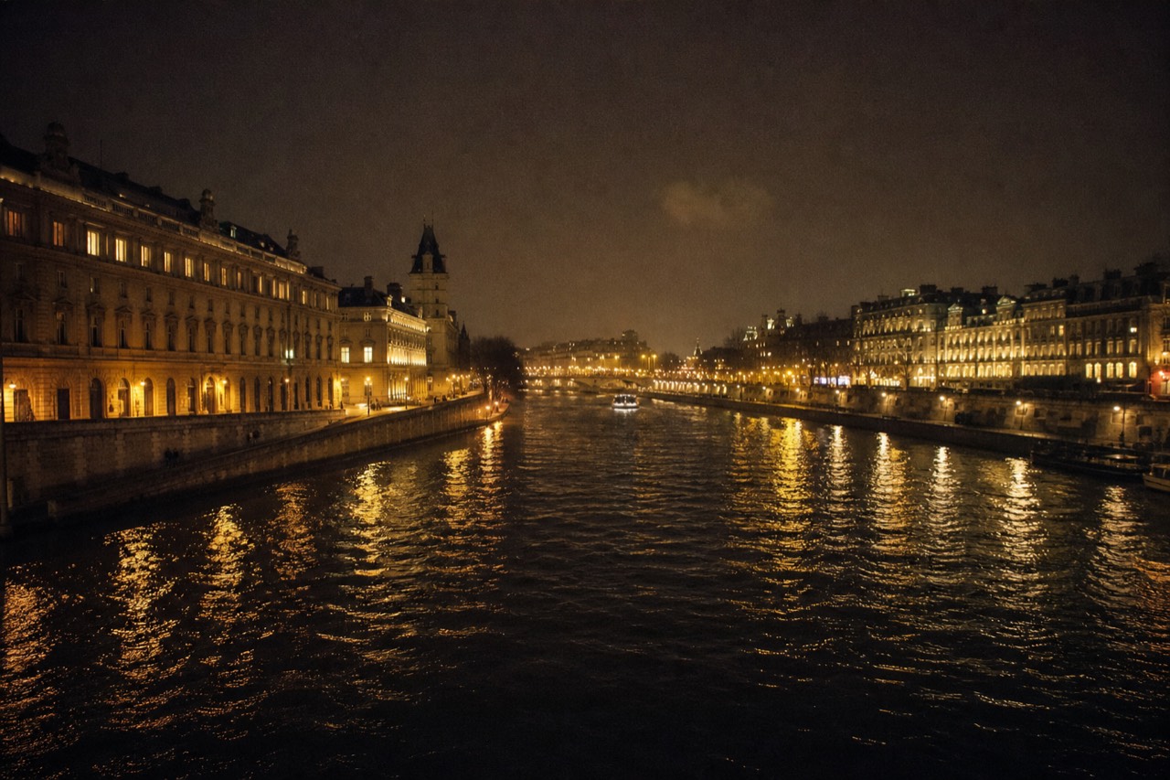 Illuminated Paris monuments reflected in the Seine at night, no text, no logos, no people.