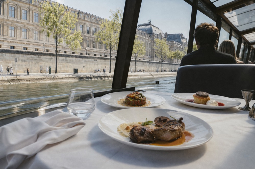 Lunch cruise table set with a three-course meal in daylight on the Seine, no text, no logos, no people