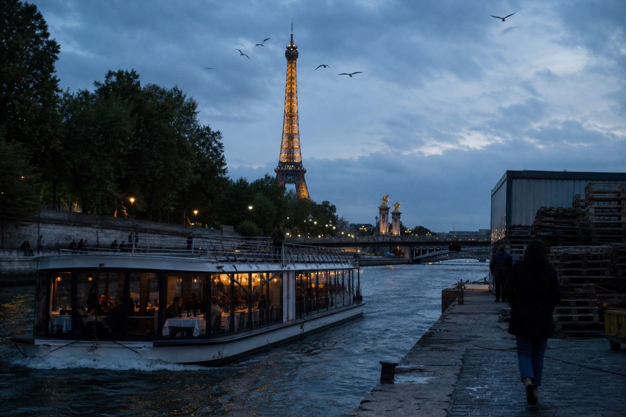 Illuminated dinner cruise boat on the Seine at dusk with the Eiffel Tower behind, no text, no logos, no people