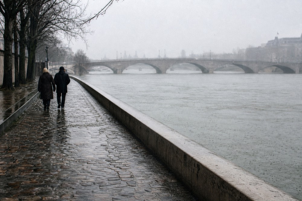 Rain falling on the Seine with Paris bridges in gray weather, no text, no logos, no people