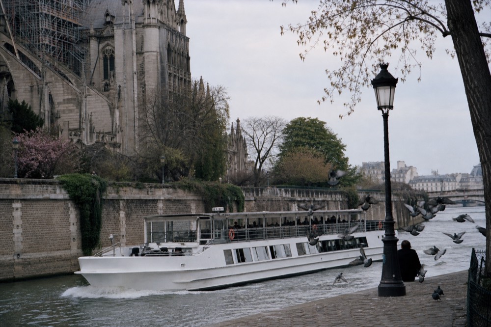 A Seine cruise boat passing Notre-Dame cathedral, no text, no logos, no people