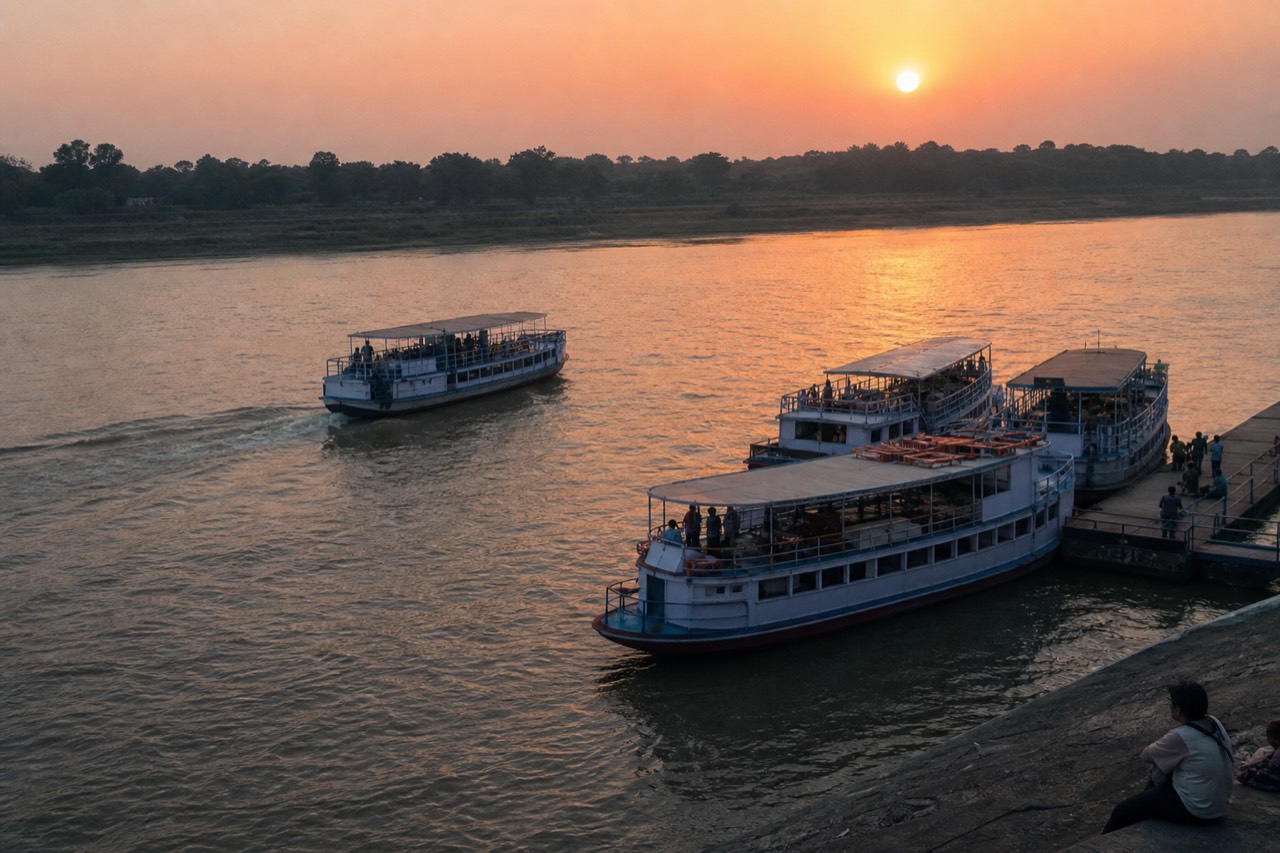 Sunset over the Seine with several tour boats, no text, no logos, no people