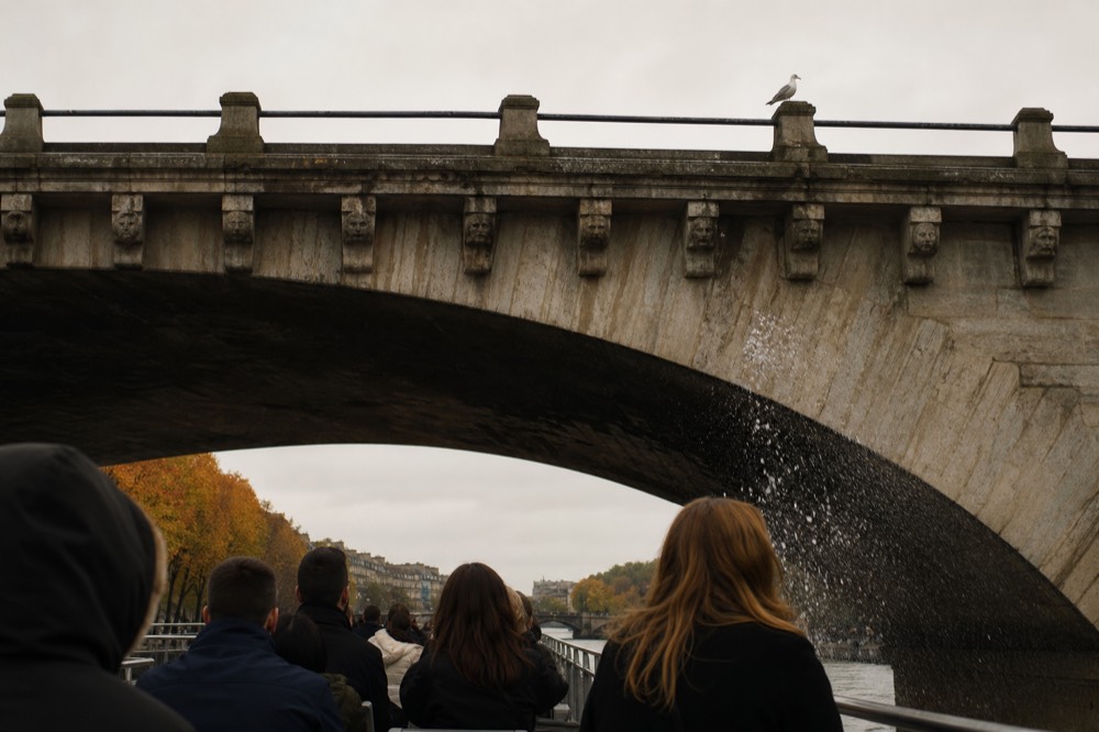 Bateaux Mouches boat passing under a Paris bridge, no text, no logos, no people
