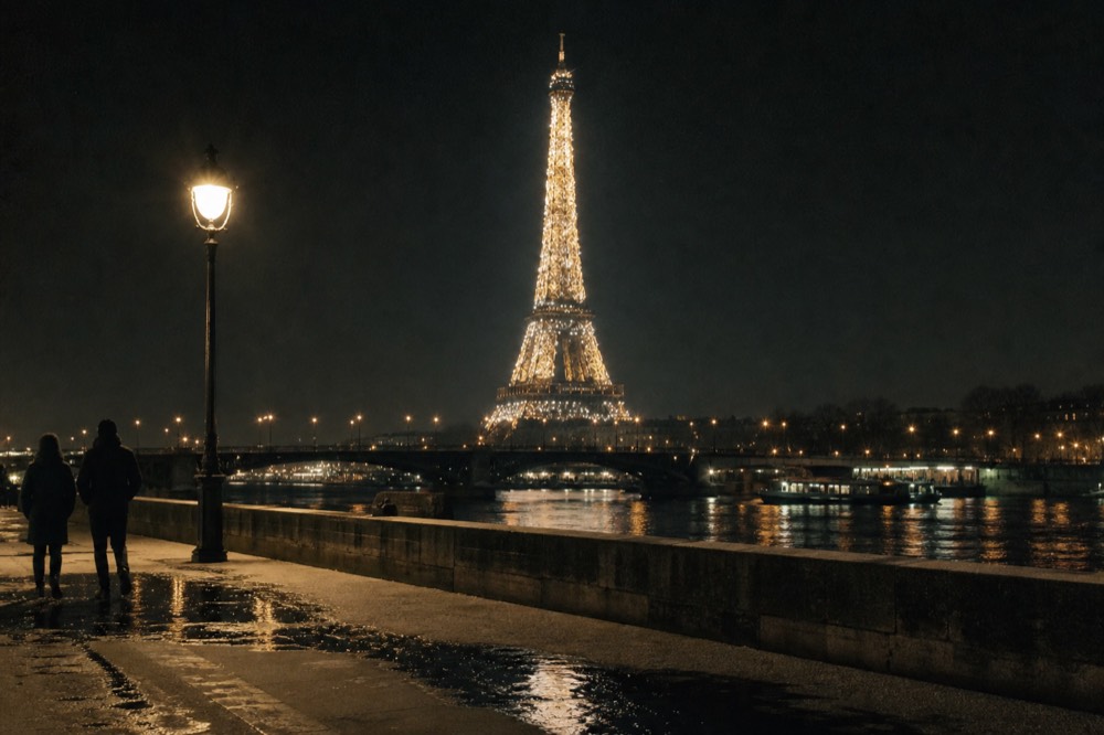 The Eiffel Tower mid-sparkle seen from the Seine at night, no text, no logos, no people