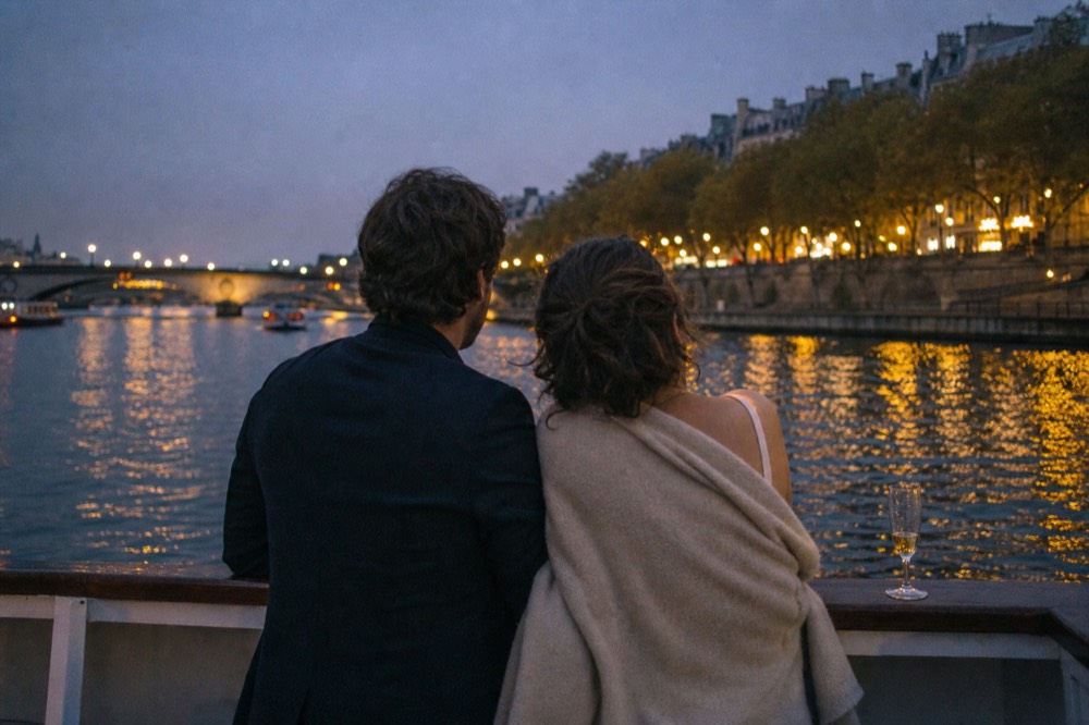 A couple leaning on a boat railing watching Paris lights pass on the Seine, no text, no logos, no people