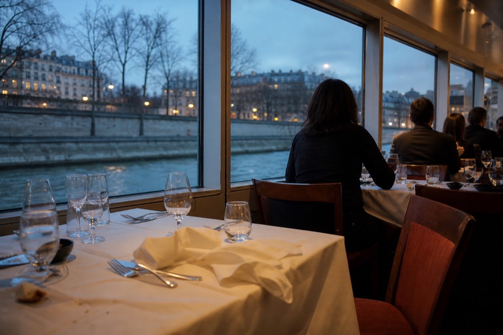 An elegant boat interior set for dinner with white tablecloths and glassware, Paris visible through panoramic windows, no text, no logos, no people