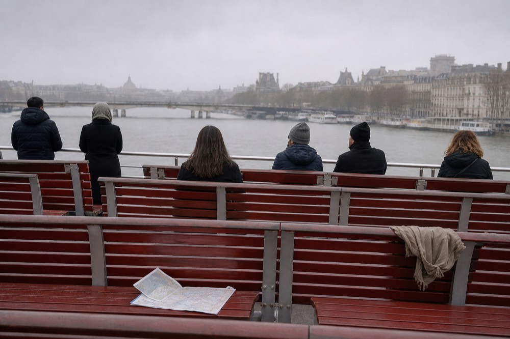 An open upper deck of a Seine cruise boat with sightseers facing the river, no text, no logos, no people