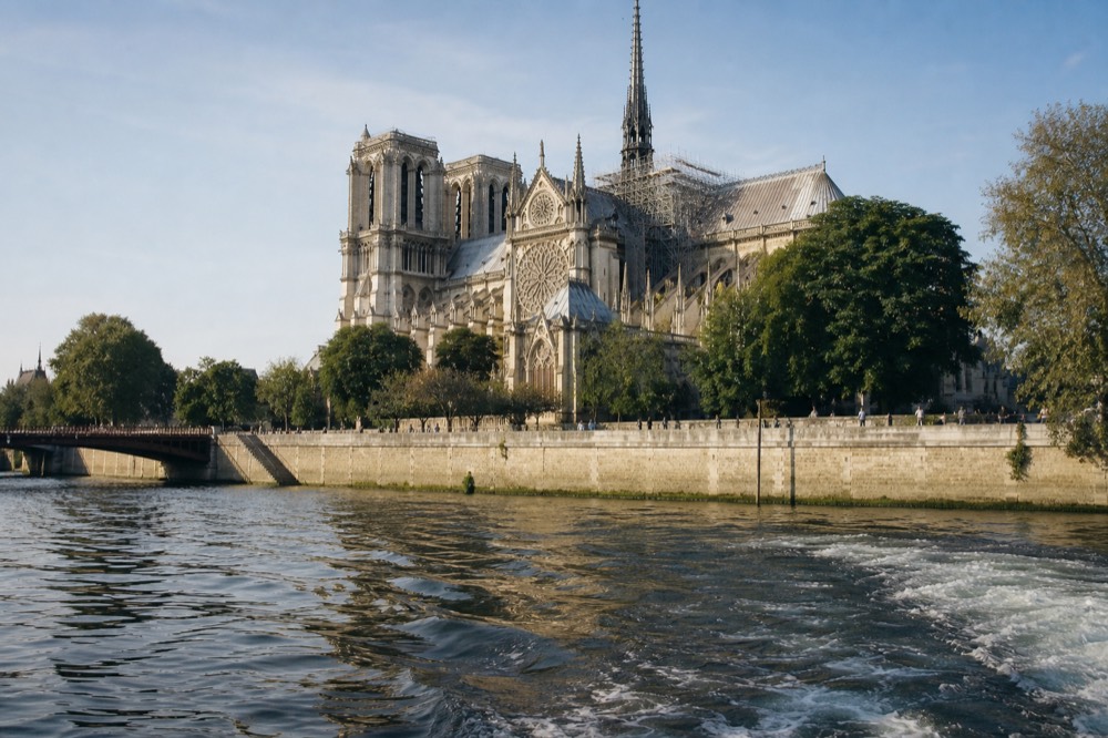 Notre-Dame Cathedral seen from the water on the Seine in Paris, no text, no logos, no people