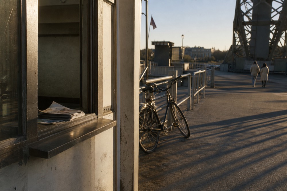 A cruise boat ticket window on a Paris quay in late afternoon, no text, no logos, no people